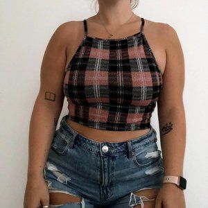 H&M Divided Sparkly Plaid High Neck Crop Tank Top